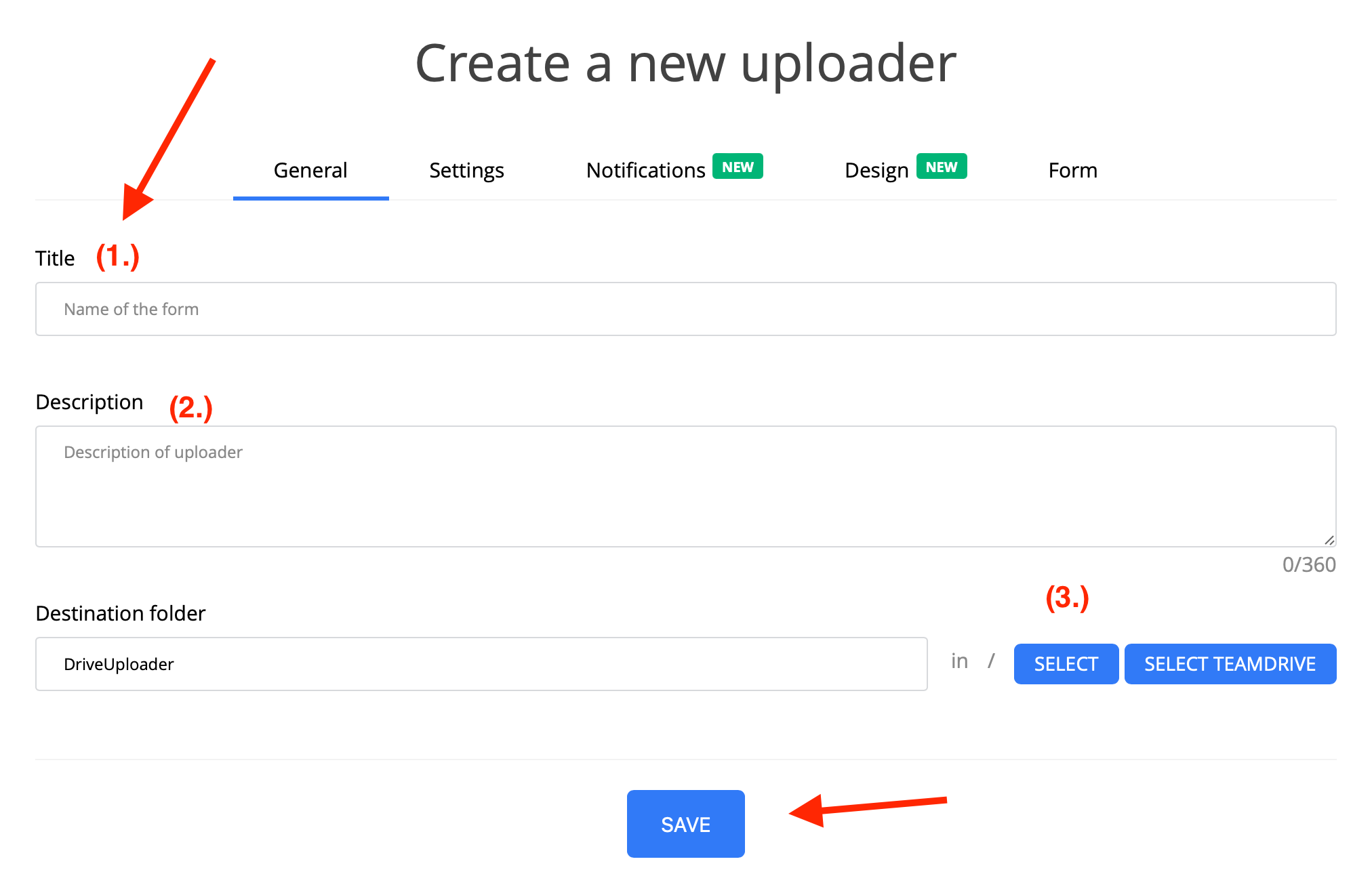 screenshot of the Create a new Uploader page