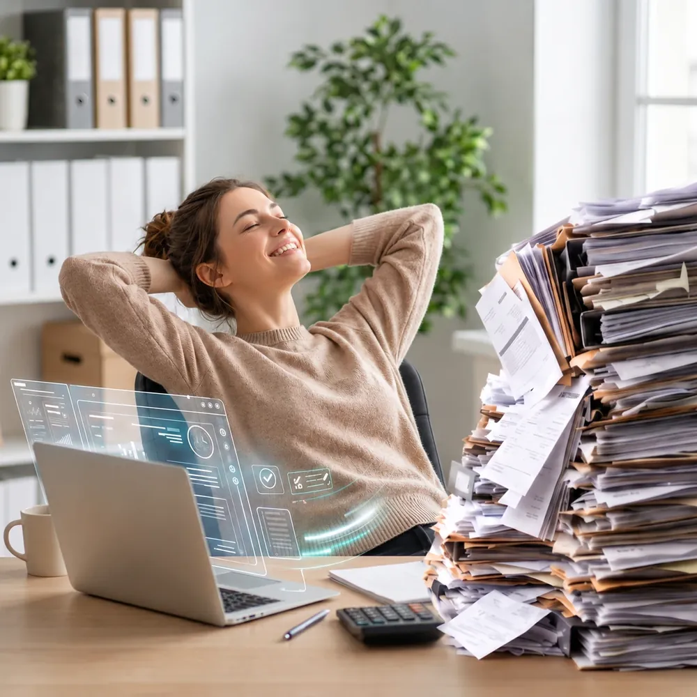 Relaxed accountant at a laptop next to a tall stack of paper documents
