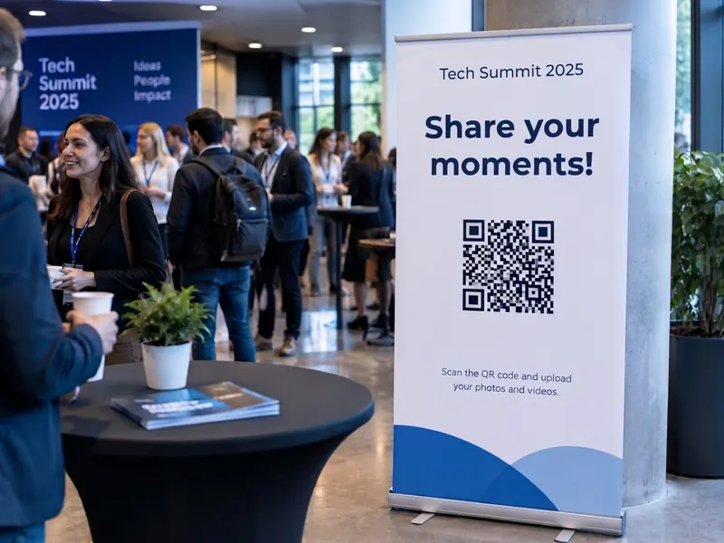 QR code roll-up banner for guest photo sharing at a tech summit