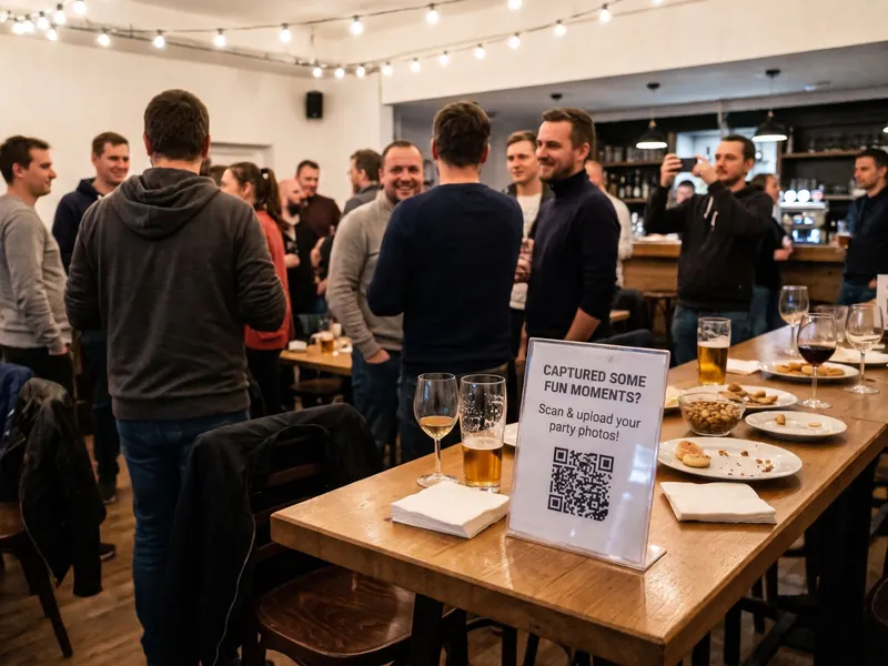 QR code sign for guest photo sharing at a company party