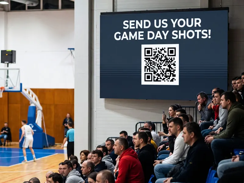 QR code on an arena screen for fan photo sharing at a basketball game
