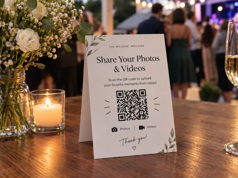 QR code table card for guest photo and video sharing at an evening reception