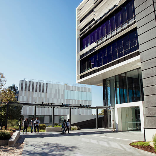 Students are speaking to each other in front of an entrance to a modern college campus building during a sunny day